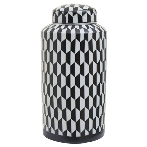 Geometric monochrome ceramic ginger jar full view on white background