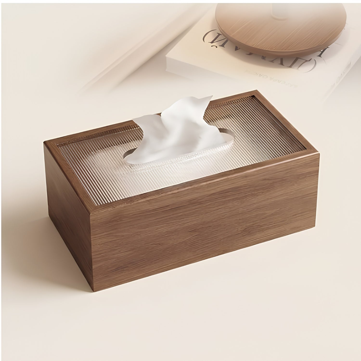 Wooden tissue box close-up on cream surface