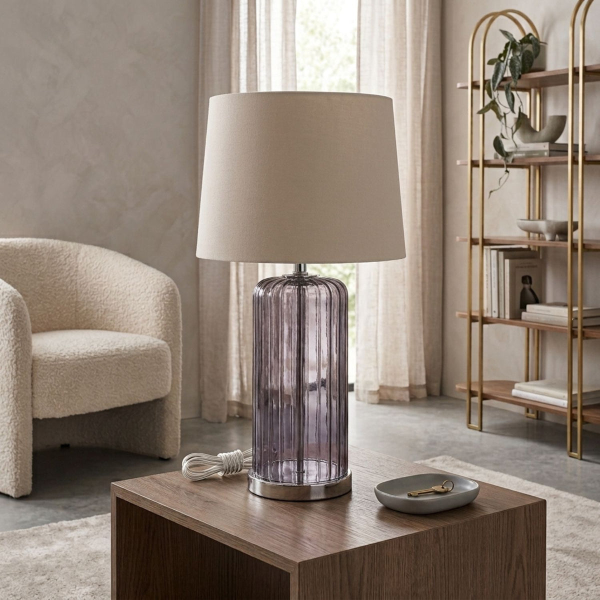 Alberta ribbed glass table lamp with neutral shade