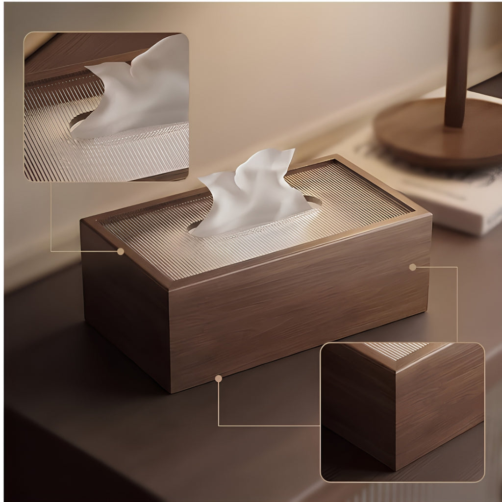 Wooden tissue box detail and lifestyle shot on bedside table
