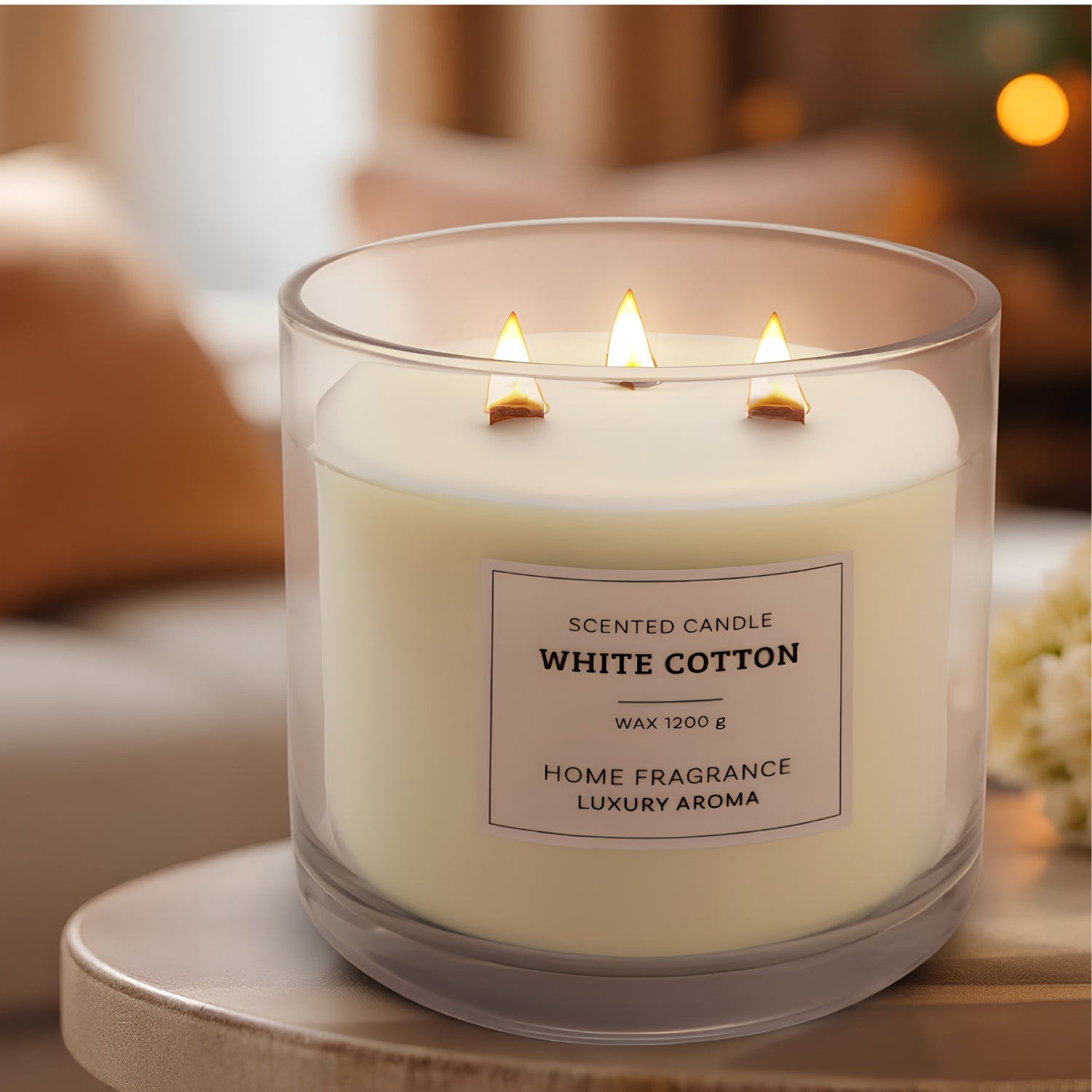 White Cotton candle lit in a cosy living room setting