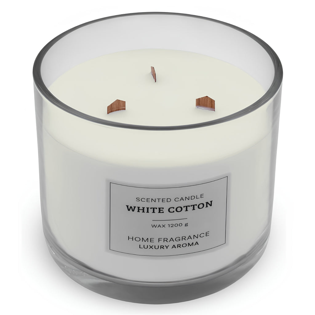White Cotton scented candle top view showing three wood wicks