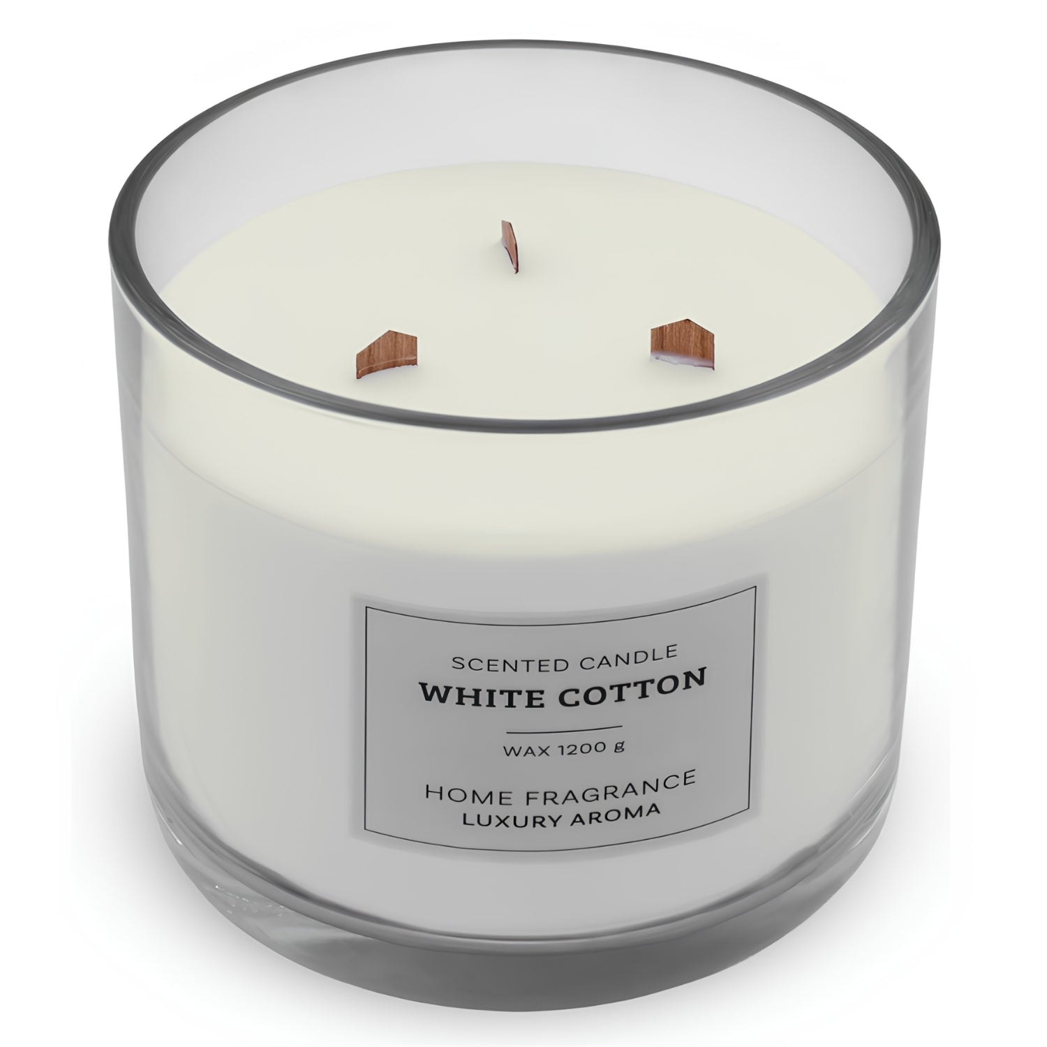 White Cotton scented candle top view showing three wood wicks