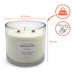 White Cotton candle dimensions - 15cm diameter, 14.5cm height, 2500g total weight, 50hr burn time