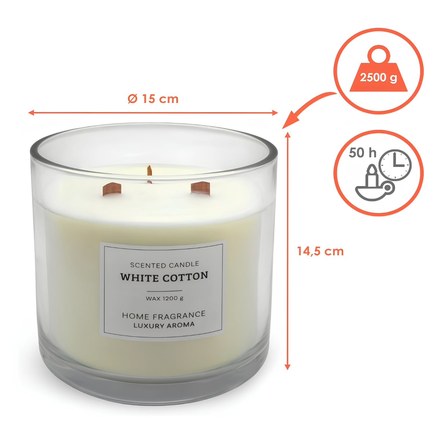 White Cotton candle dimensions - 15cm diameter, 14.5cm height, 2500g total weight, 50hr burn time