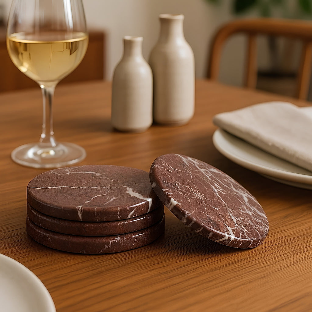 Salmo Red Marble Coasters - four coasters flat lay