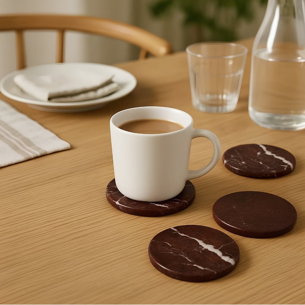 Salmo Red Marble Coasters - lifestyle with coffee cup
