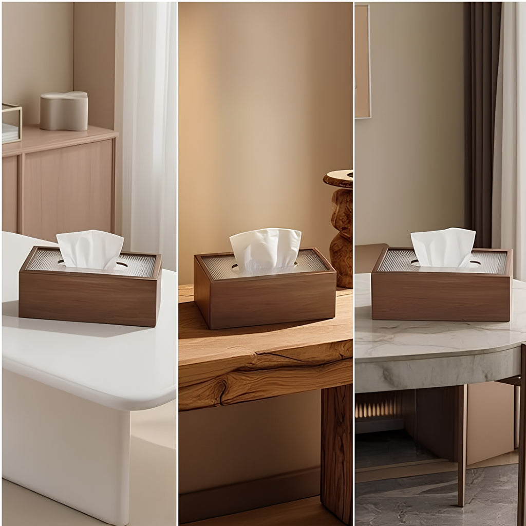 Wooden tissue box in three room settings