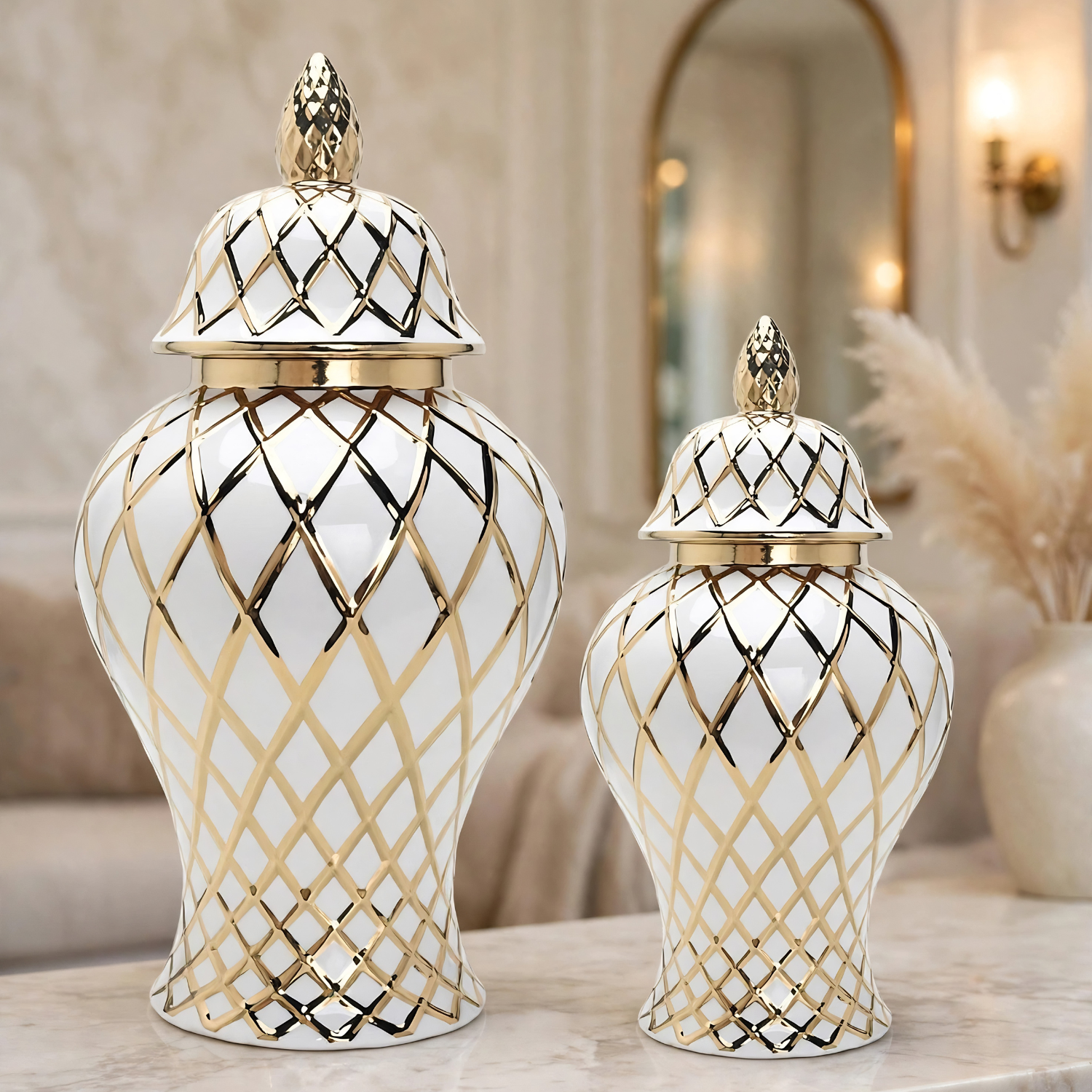 Gold & White Modren Geometry Lattice Ceramic Ginger Jar with lid