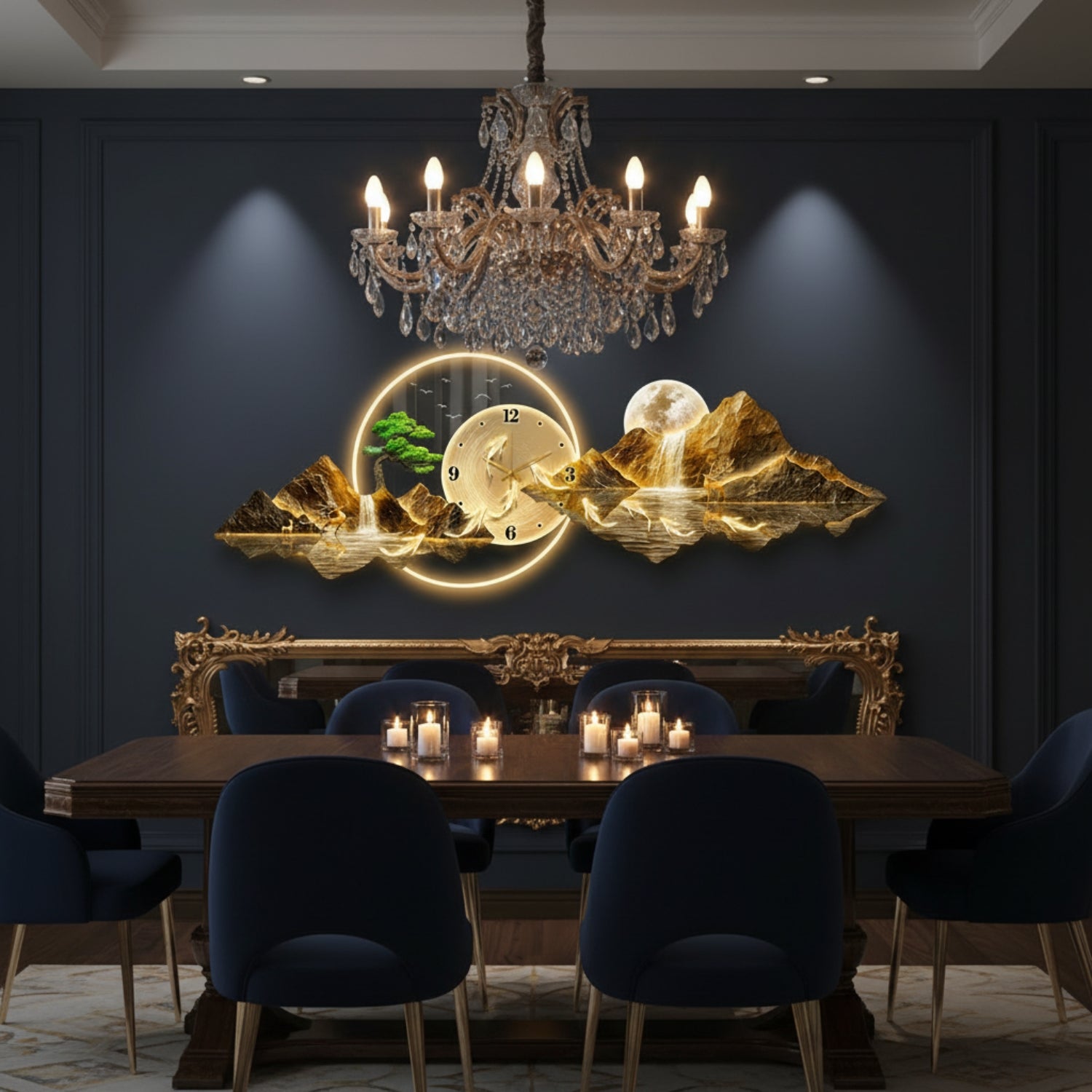 A luxury dining room featuring a large, ornate gold and black 3D mountain landscape wall clock with a glowing circular frame. The room is styled with a dark navy blue paneled wall, a crystal chandelier, a wooden dining table, and dark blue velvet chairs.