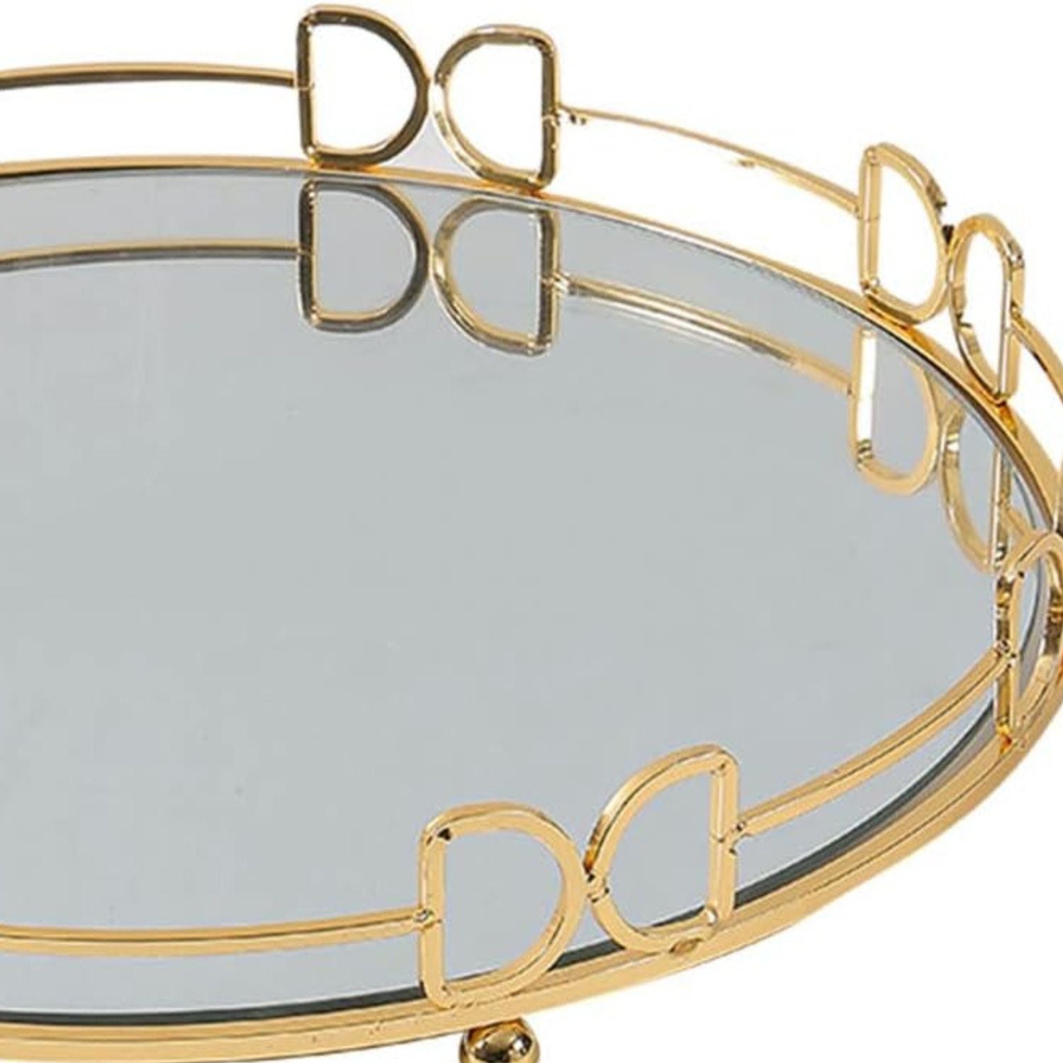 Gold-framed oval tray with a mirrored surface and decorative interlocking loop details around the edge, shown on a white background.