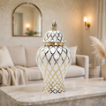 Gold & White Modren Geometry Lattice Ceramic Ginger Jar with lid