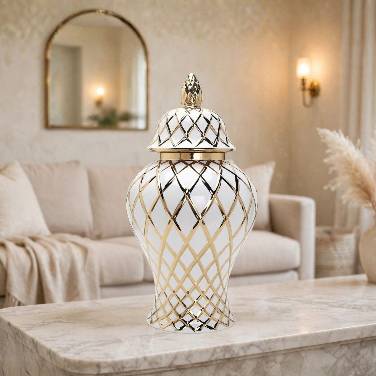 Gold & White Modren Geometry Lattice Ceramic Ginger Jar with lid