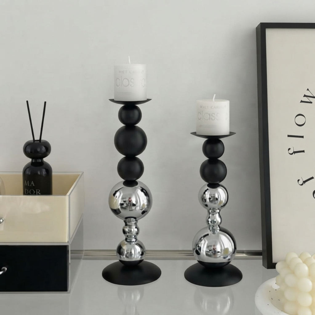 Metallic Ball Stack Candle Holder Black & Silver