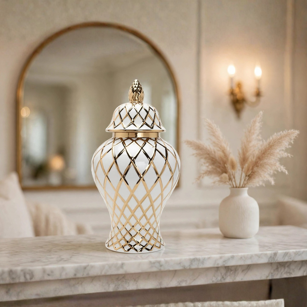 Gold & White Modren Geometry Lattice Ceramic Ginger Jar with lid