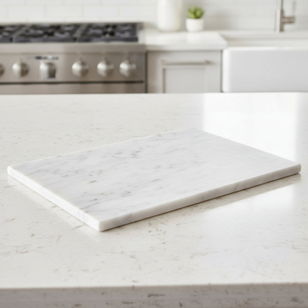 A rectangular white marble cutting board with natural gray veining, resting on a matching white marble kitchen countertop with a blurred modern kitchen background.