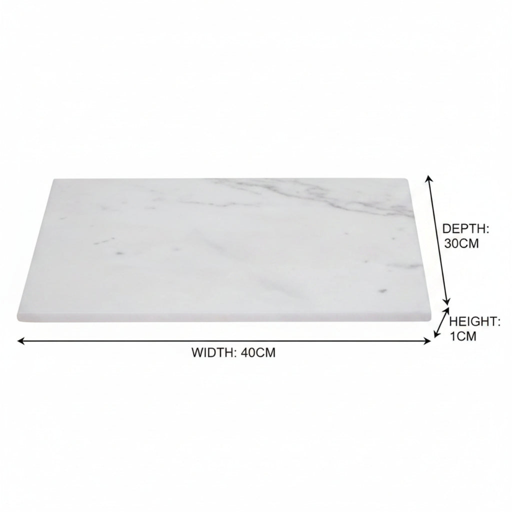 A rectangular white marble board with black and gray veining, shown with dimension lines indicating a width of 40cm, depth of 30cm, and height of 1cm on a plain white background.