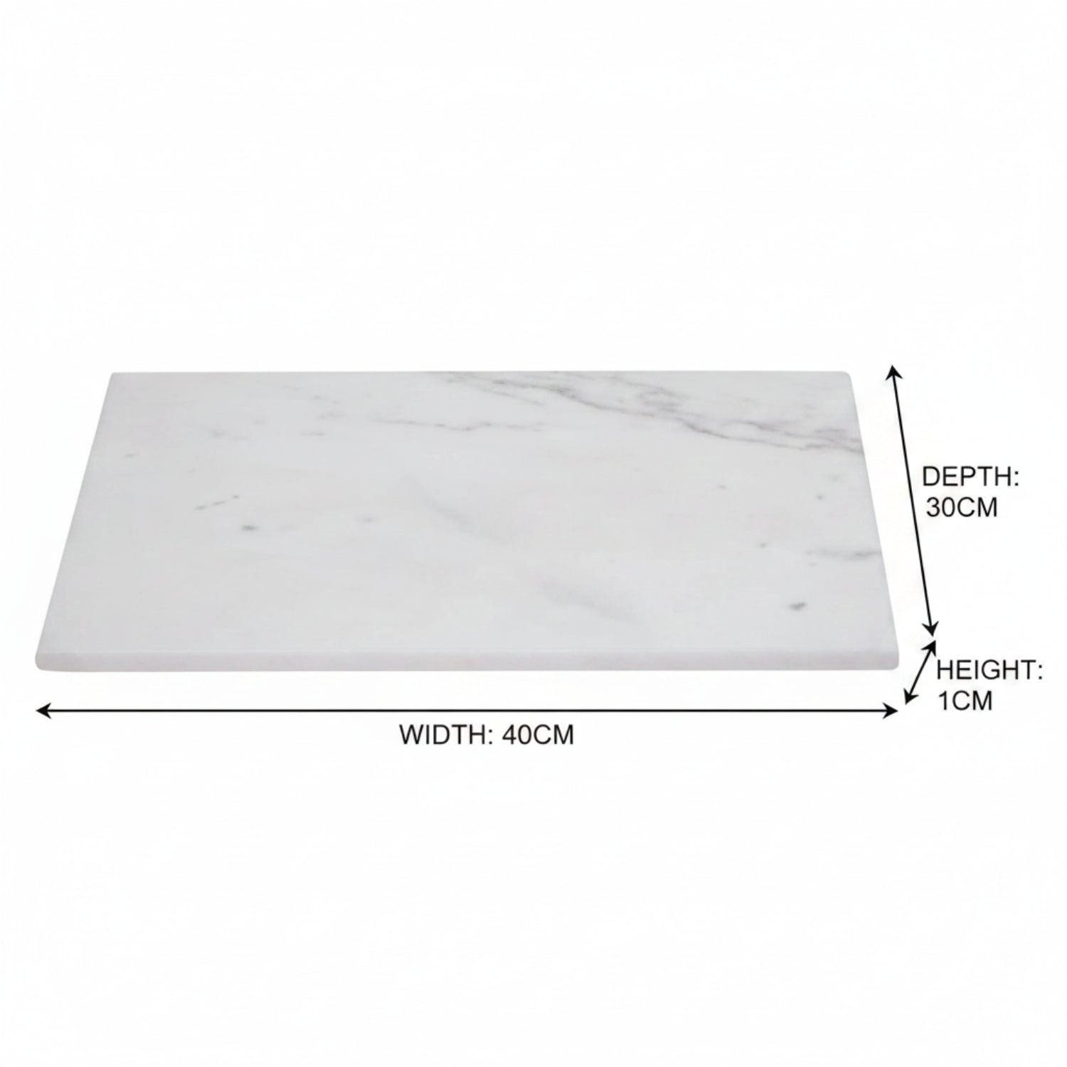 A rectangular white marble board with black and gray veining, shown with dimension lines indicating a width of 40cm, depth of 30cm, and height of 1cm on a plain white background.