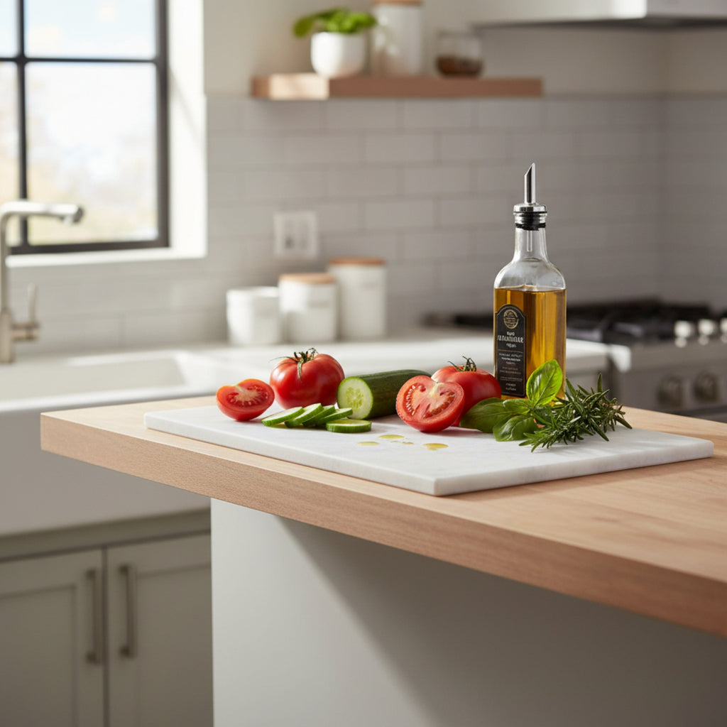 A white rectangular cutting board on a light wood kitchen island, styled with fresh tomatoes, cucumber, basil, and a glass bottle of olive oil, set against a softly blurred modern kitchen background.