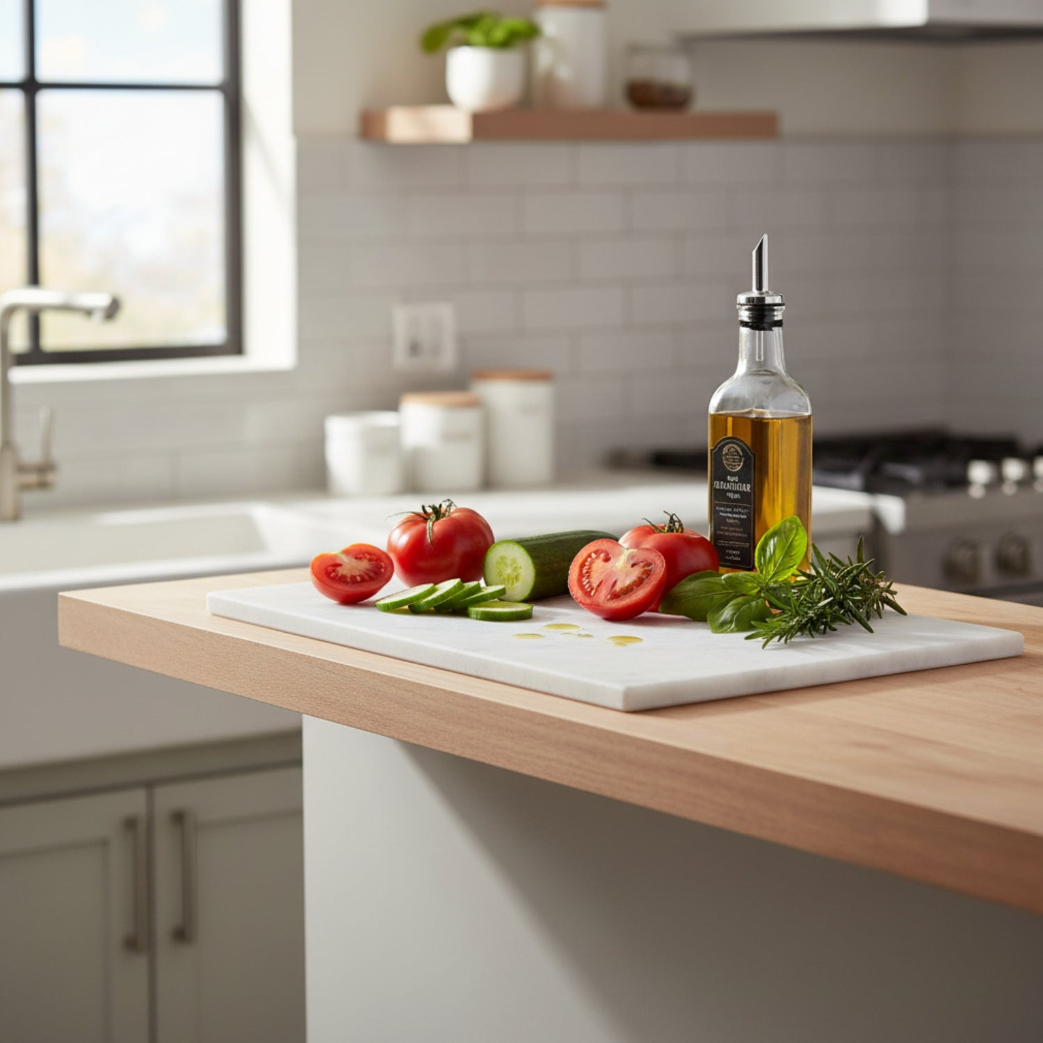 A white rectangular cutting board on a light wood kitchen island, styled with fresh tomatoes, cucumber, basil, and a glass bottle of olive oil, set against a softly blurred modern kitchen background.