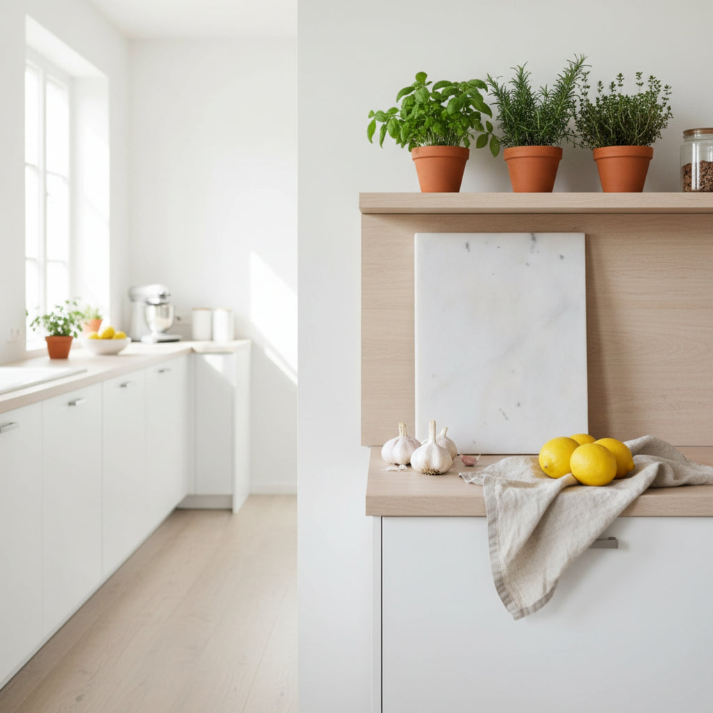 A bright, modern kitchen interior with white cabinetry, light wood countertops, potted green plants on a shelf, garlic bulbs, lemons, and a linen towel.