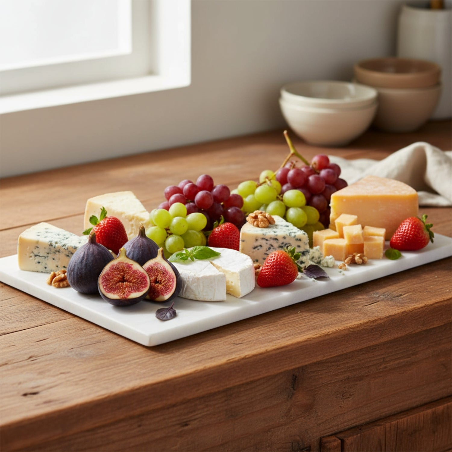 A white rectangular serving platter filled with assorted cheeses, red and green grapes, strawberries, and sliced figs, set on a rustic wooden table near a window.