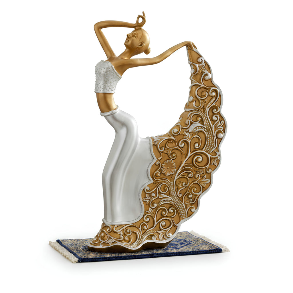 A decorative figurine of a dancing woman in a flowing dress, shown on a small patterned base against a plain white background.