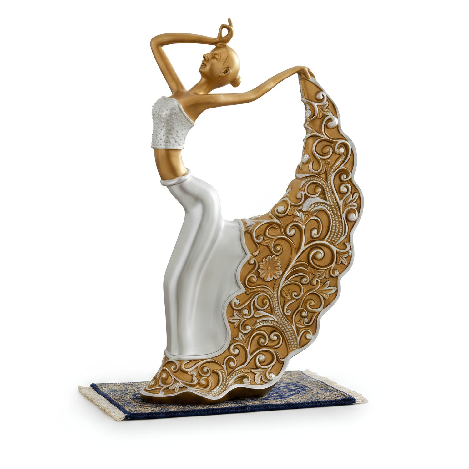 A decorative figurine of a dancing woman in a flowing dress, shown on a small patterned base against a plain white background.