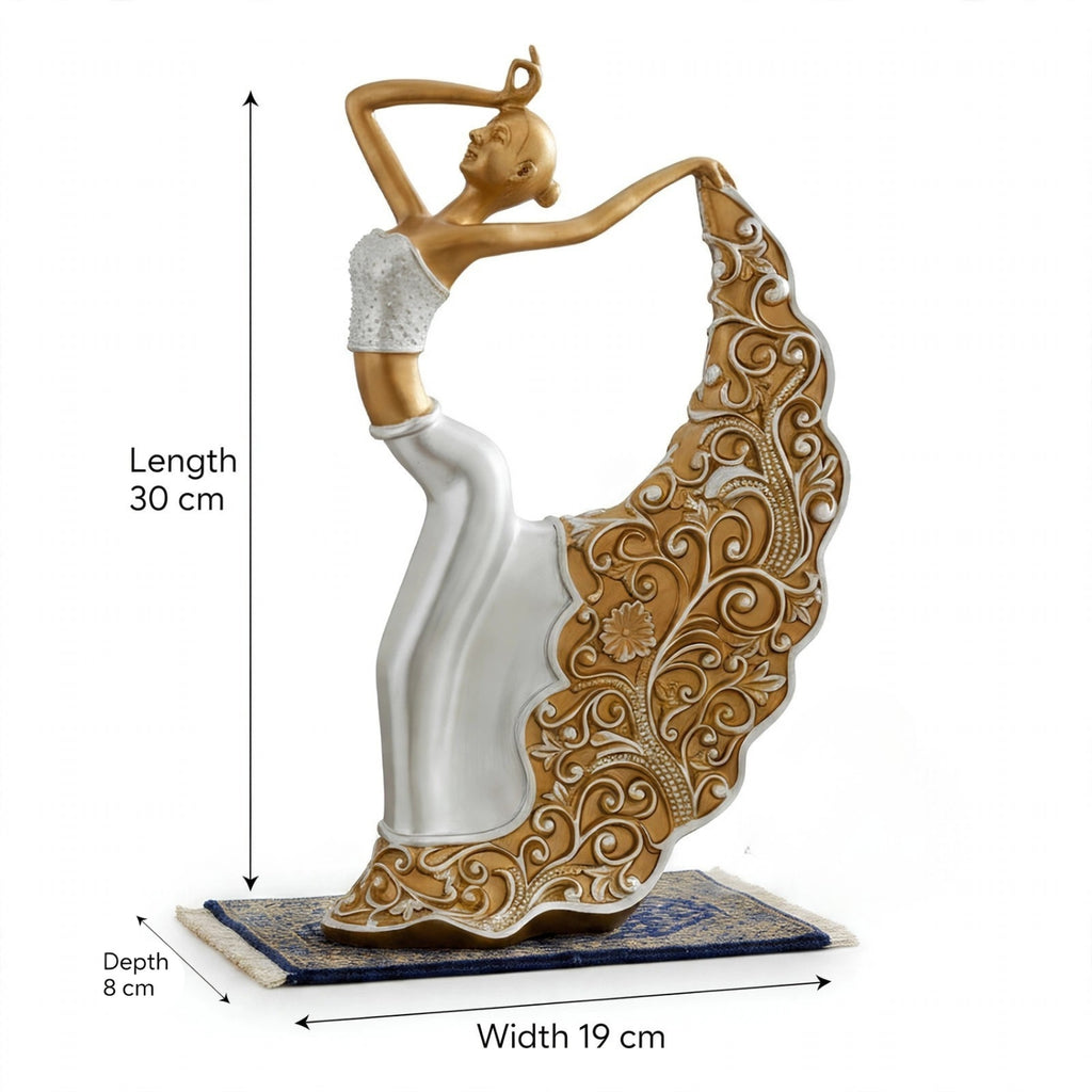 A decorative figurine of a dancing woman with a flowing patterned skirt, shown on a white background with dimension arrows and labels indicating length 30 cm, width 19 cm, and depth 8 cm.