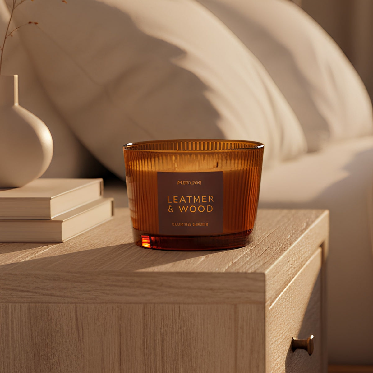 An amber glass jar candle labeled 'PULP&URE LEATHER & WOOD' sits on a light wood bedside table in a softly lit bedroom setting with pillows and a white vase in the background.
