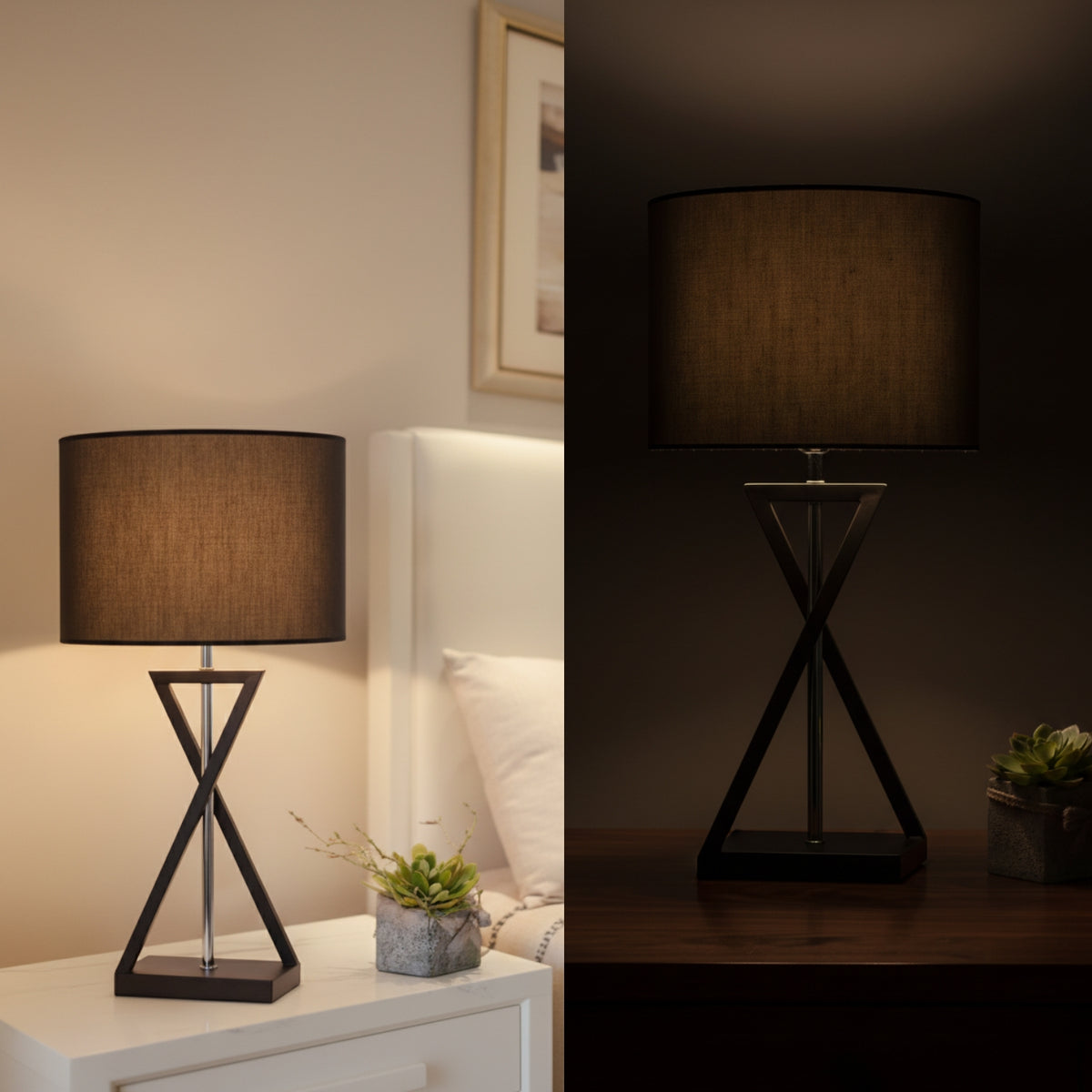A table lamp with a dark brown fabric drum shade and a black geometric metal base, shown in a split view: lit on a bedside table in a warm bedroom scene on the left, and unlit on a dark surface on the right.