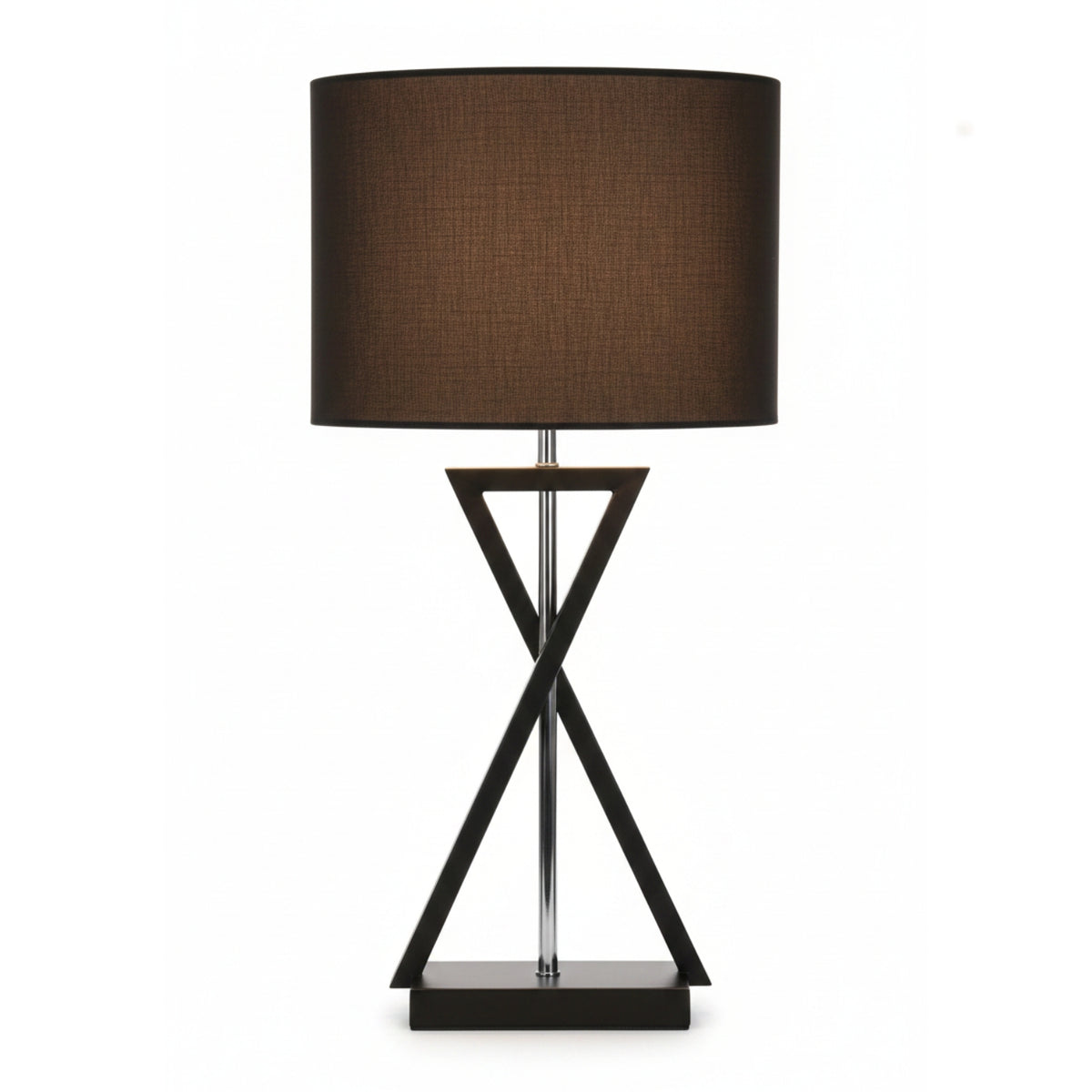A table lamp with a dark brown fabric drum shade and a black metal base featuring an intersecting triangular design and a clear central stem, shown against a plain white background.