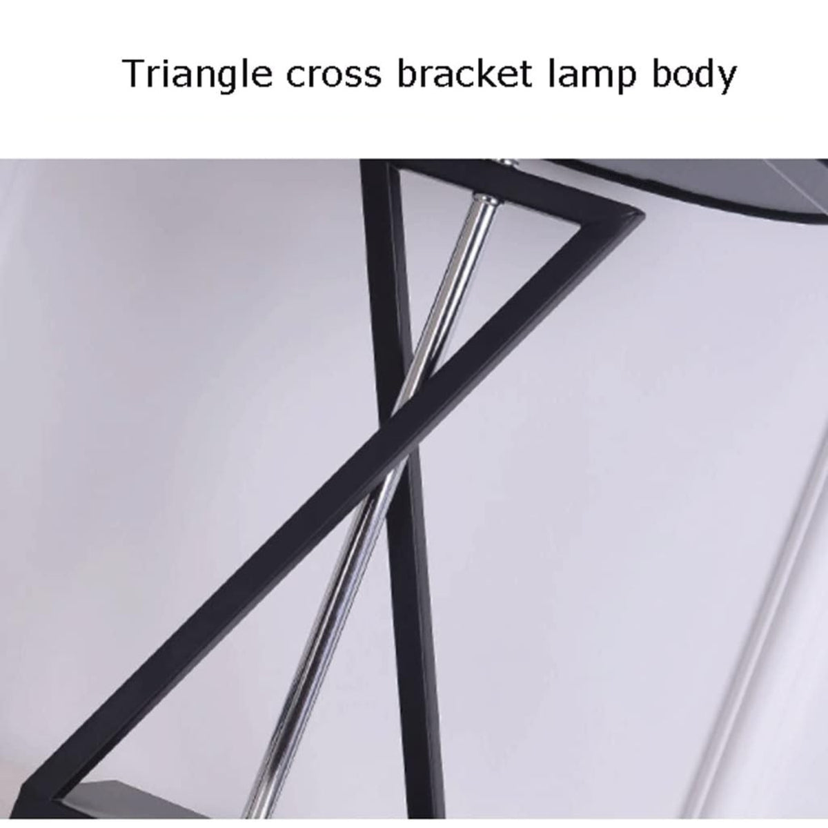 Close-up of a modern lamp base featuring a black triangular cross-bracket frame with a silver metal support rod, with text at the top reading 'Triangle cross bracket lamp body'.