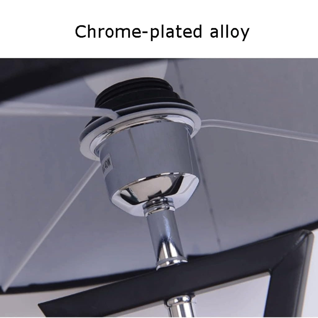 Close-up of a ceiling fan's chrome-plated metal hub and mounting pole, with text at the top reading 'Chrome-plated alloy'.