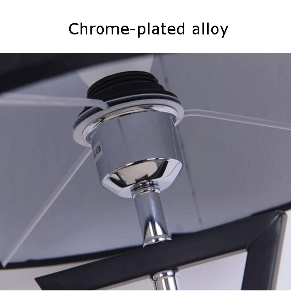 Close-up of a ceiling fan's chrome-plated metal hub and mounting pole, with text at the top reading 'Chrome-plated alloy'.