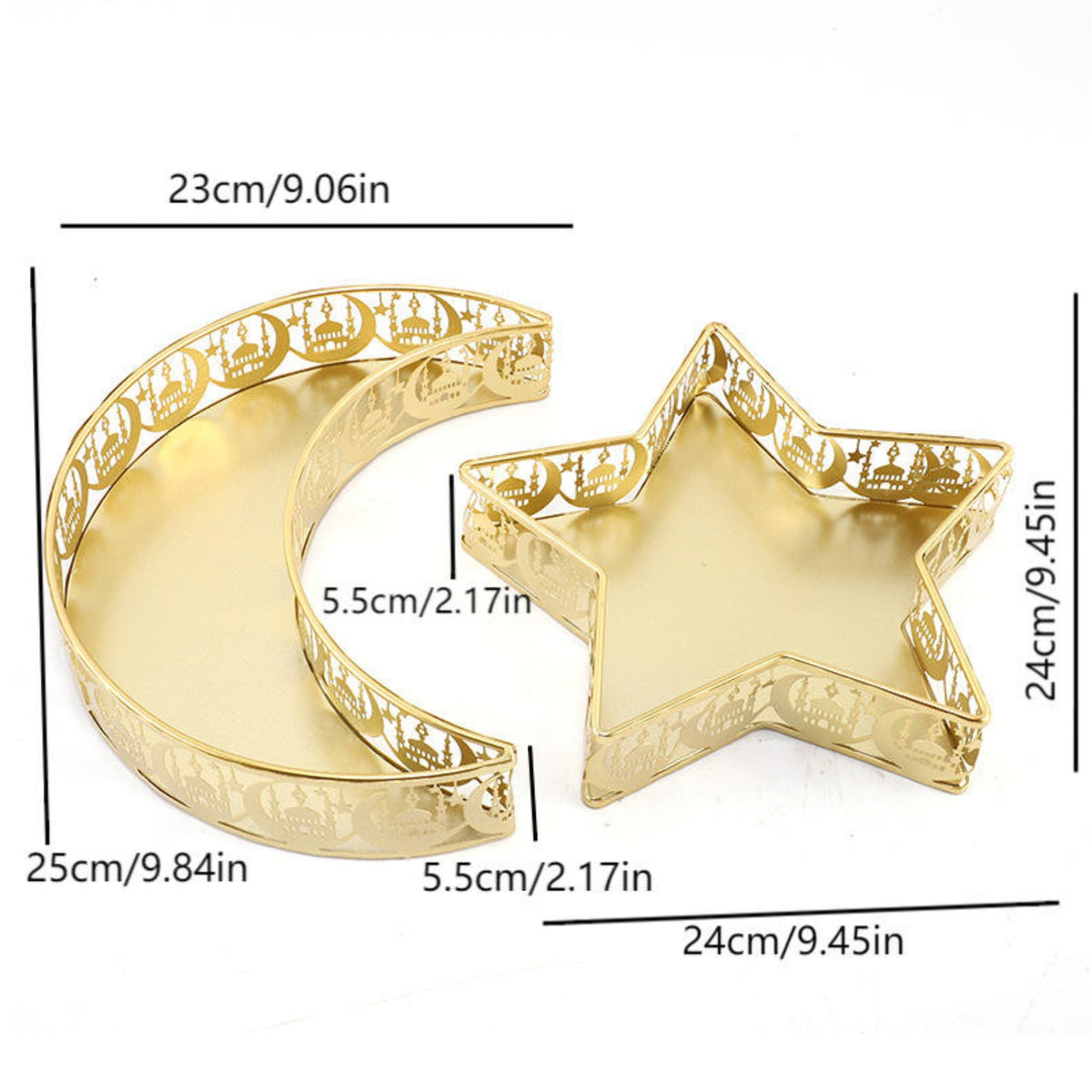Gold crescent moon and star-shaped tray set with overlaid dimension labels showing measurements in centimeters and inches on a white background.