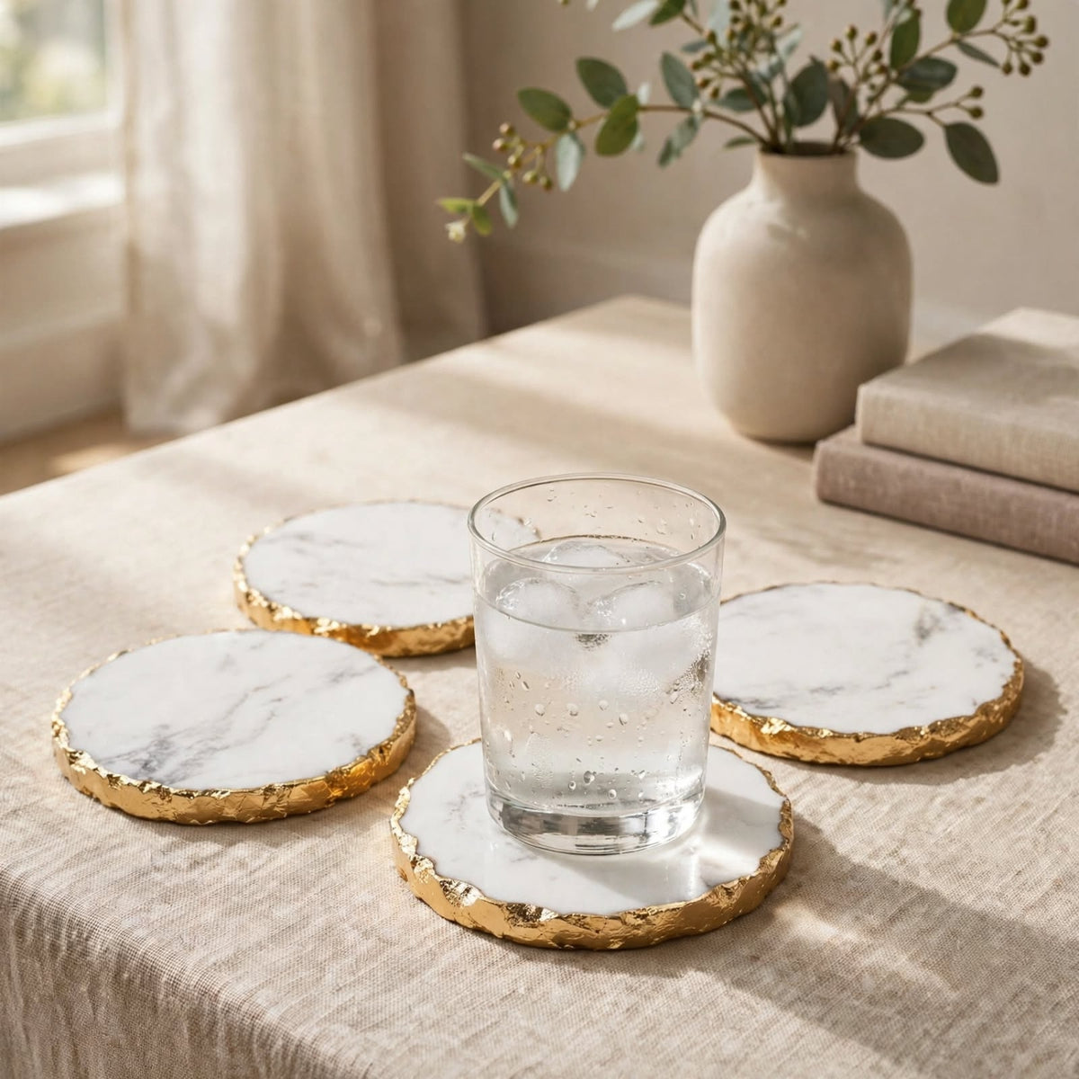 Four round coasters with white marble-patterned centers and gold-edged borders arranged on a beige tablecloth, with a clear glass of water resting on one coaster in a softly lit interior setting.