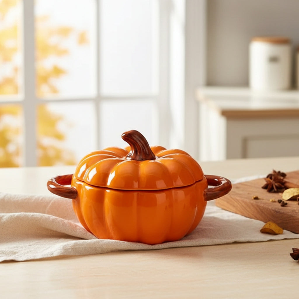 An orange pumpkin-shaped ceramic lidded pot with brown handles and stem, set on a light wood table with a linen cloth and autumn-themed props in a softly blurred kitchen background.