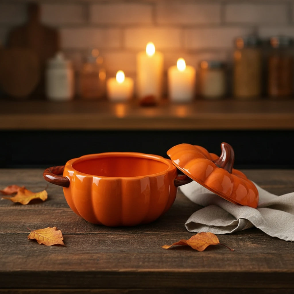 An orange pumpkin-shaped ceramic pot with a matching lid sits on a rustic wooden table, with autumn leaves scattered around and a warm, candle-lit kitchen background.