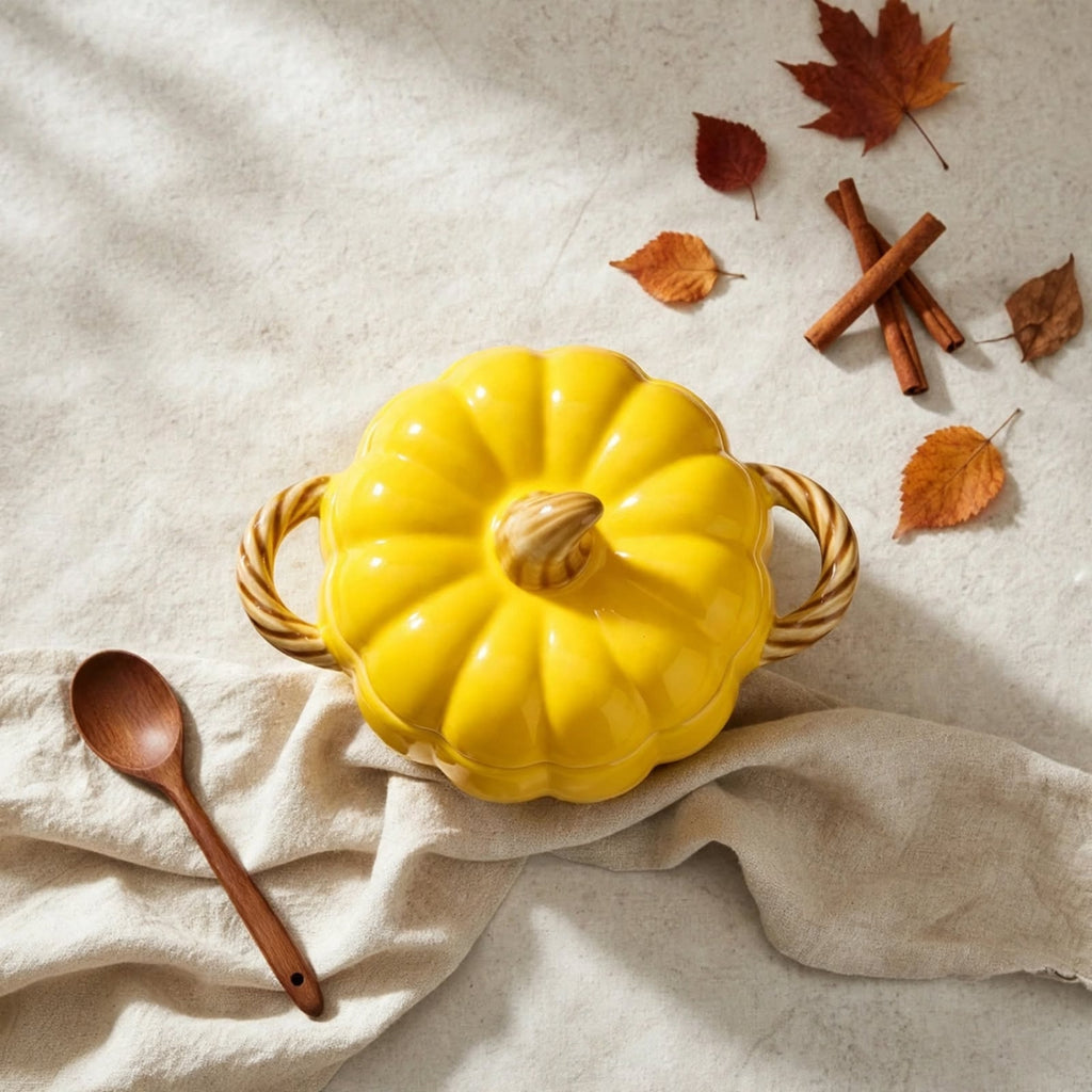 A bright yellow pumpkin-shaped ceramic pot with two twisted side handles sits on a draped beige cloth. A wooden spoon rests to the left, and autumn leaves, cinnamon sticks, and a small decorative pumpkin are arranged around it on a light stone surface.