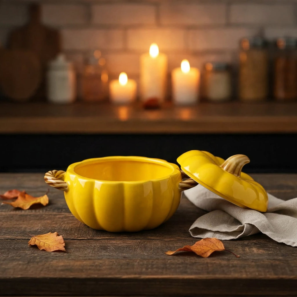 A yellow pumpkin-shaped ceramic bowl with a matching lid, styled on a rustic wooden table with autumn leaves and a linen cloth, with warm blurred candles in the background.