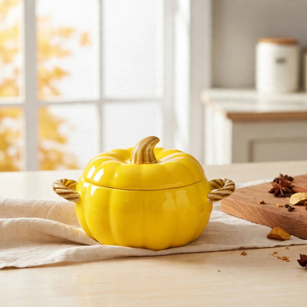 A bright yellow pumpkin-shaped ceramic lidded pot with twisted side handles and a faux stem, displayed on a light wood table in a softly blurred kitchen setting.