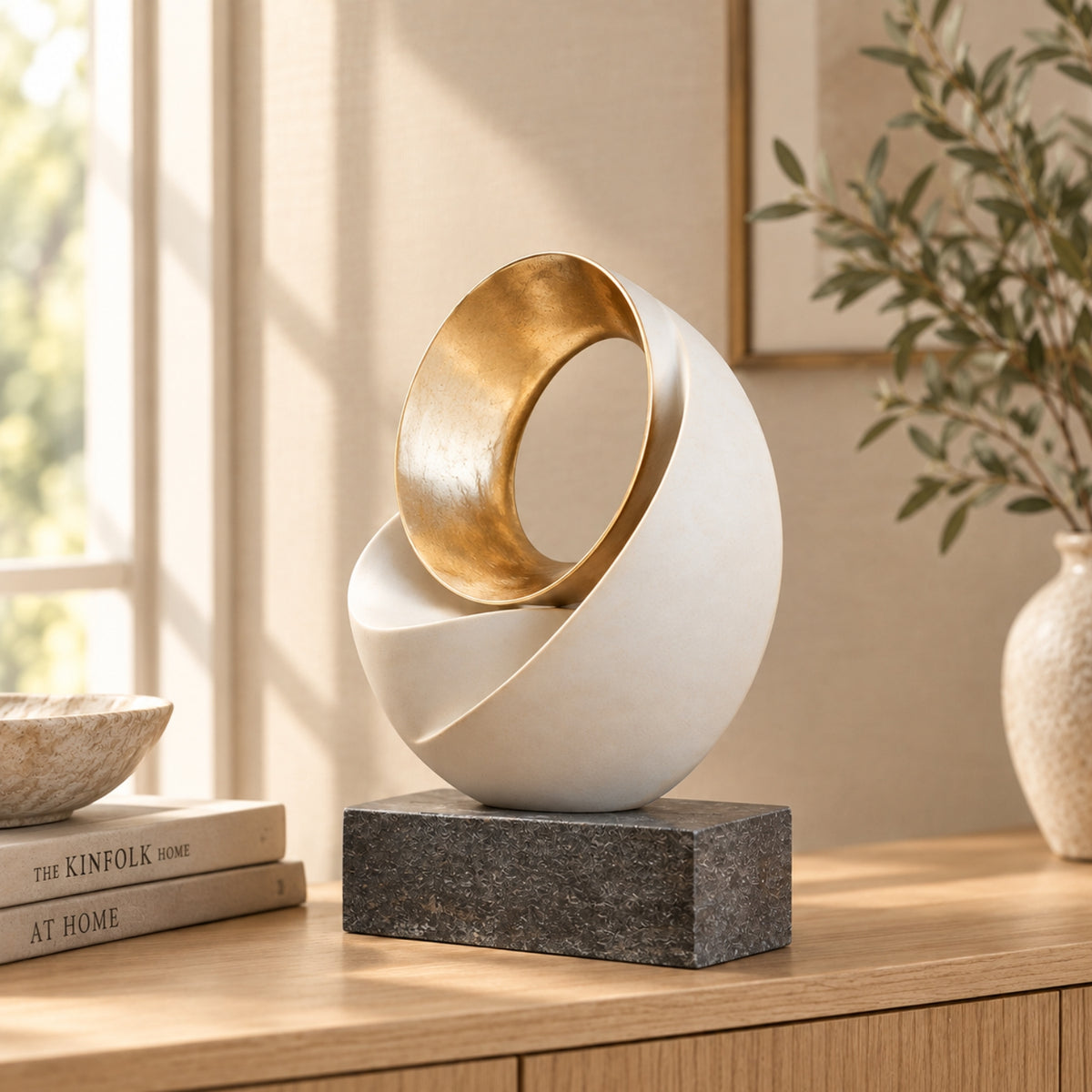Modern abstract decorative sculpture on a dark stone rectangular base, placed on a wooden console table in a softly lit room with books and a plant in the background.