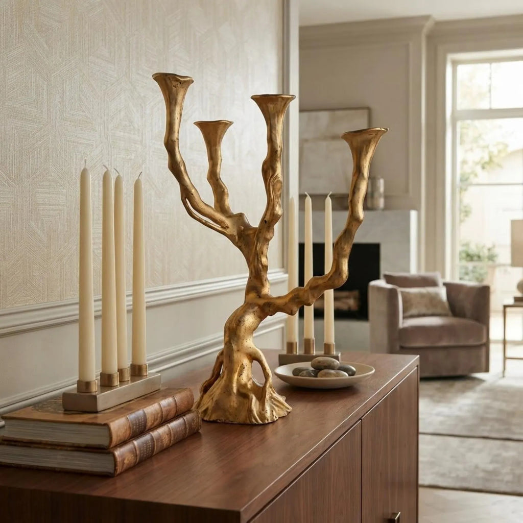 A decorative tree-shaped gold candelabra with three candle holders stands on a wooden console table in a styled living room. Cream pillar candles in matching holders sit on books and a small dish nearby.