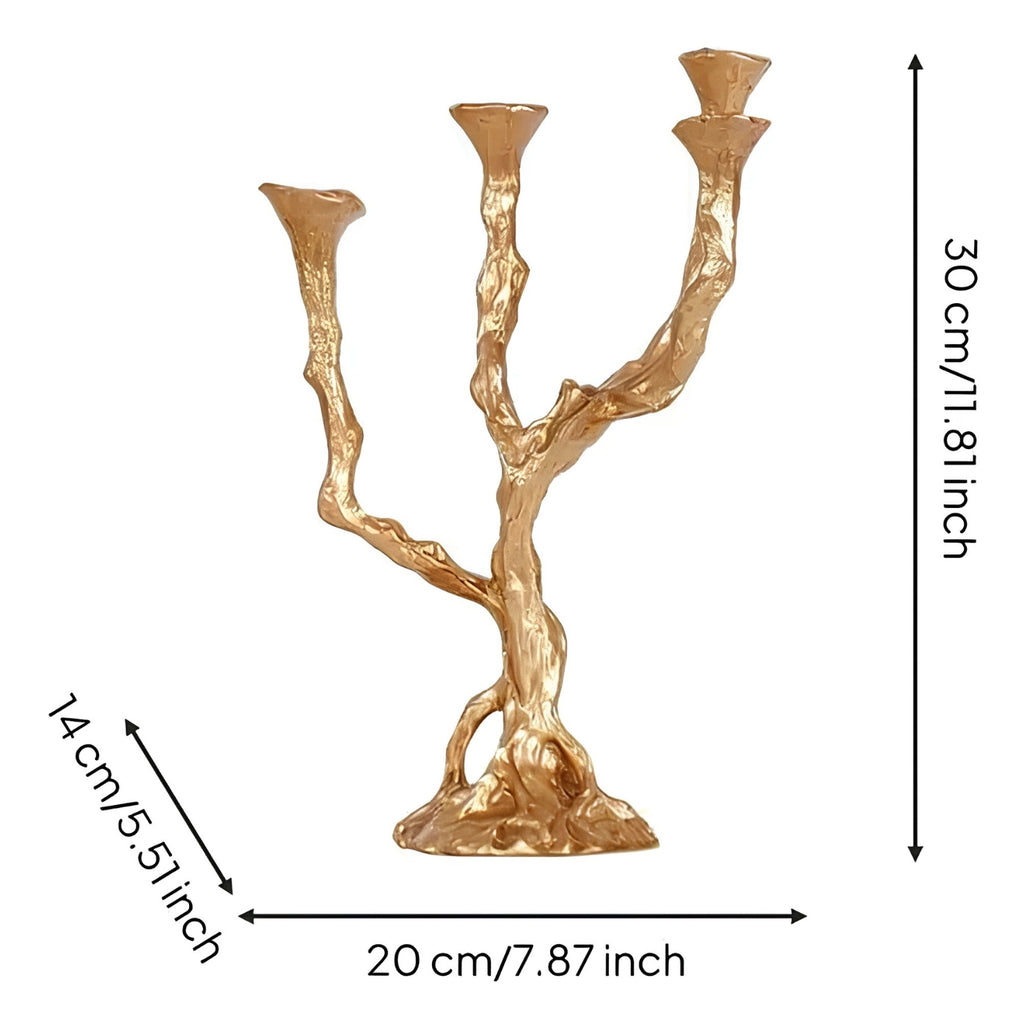 A three-arm tree branch style candle holder in a metallic gold finish, shown with dimension lines and text indicating its height of 30 cm, width of 20 cm, and depth of 14 cm on a plain white background.
