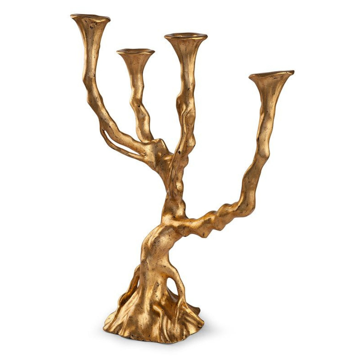 Gold candelabra with branch-like design on a white background