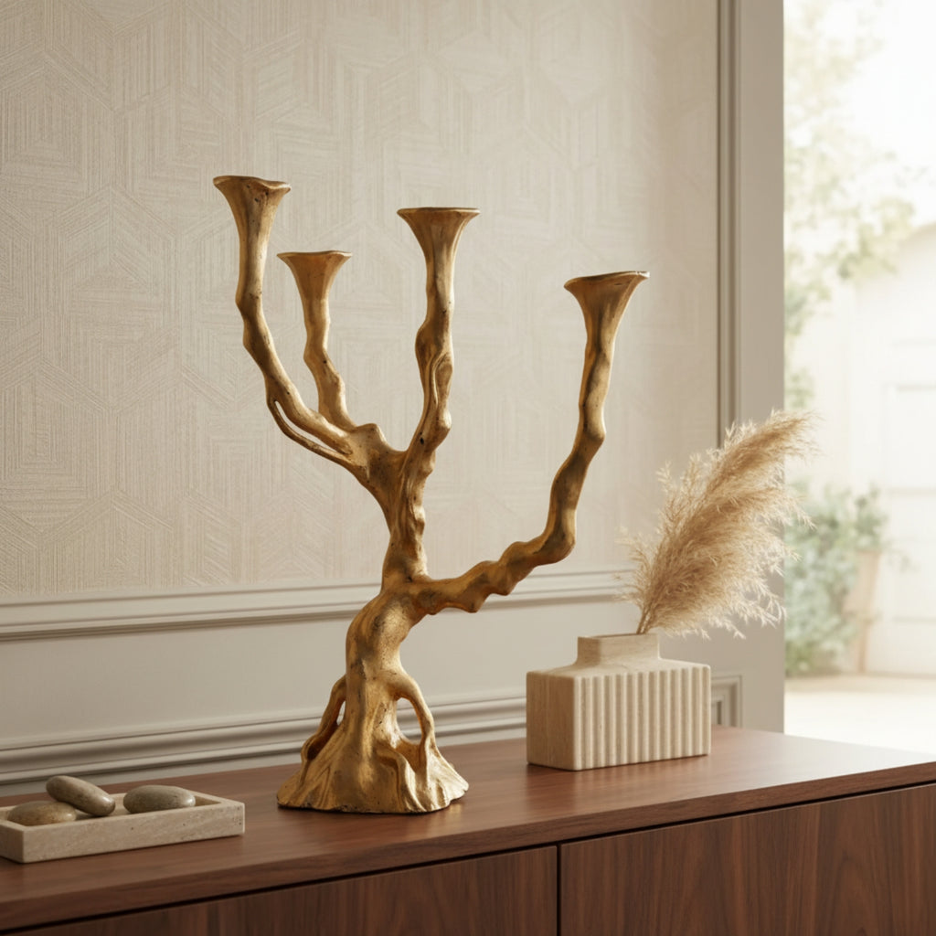 A decorative three-arm candelabra styled like a gnarled tree trunk in a warm metallic gold finish, displayed on a wooden console table in a styled interior setting.