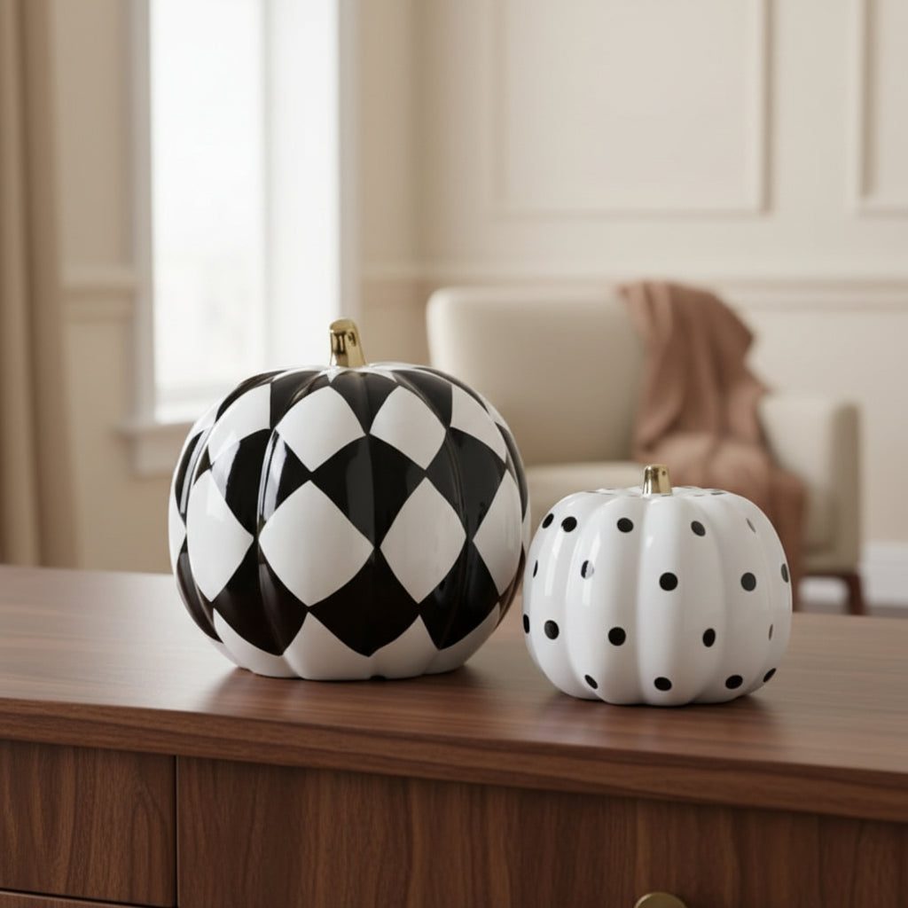 Two decorative ceramic pumpkins displayed on a wooden cabinet in a softly lit room. One pumpkin is black and white in a harlequin diamond pattern with a small gold stem, and the other is white with black polka dots and a small gold stem.