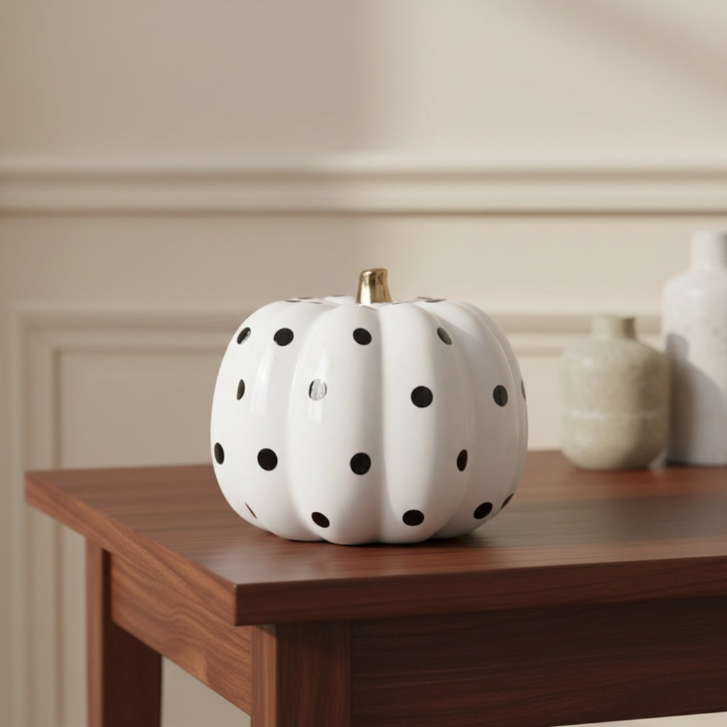 A white ceramic pumpkin-shaped decor piece with black polka dots and a small gold stem, displayed on a wooden table in an indoor setting.