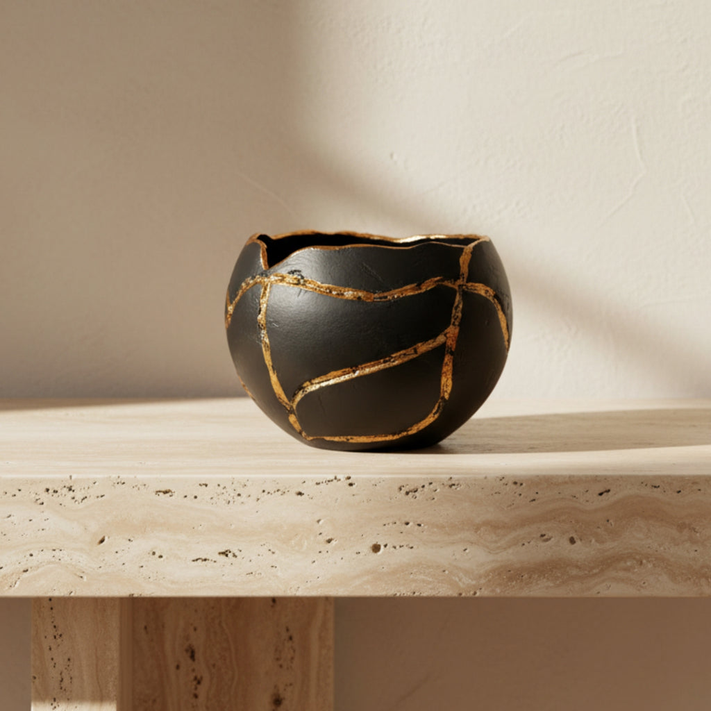 A small black ceramic bowl with gold crackle-style lines, displayed on a light stone surface against a warm beige wall.